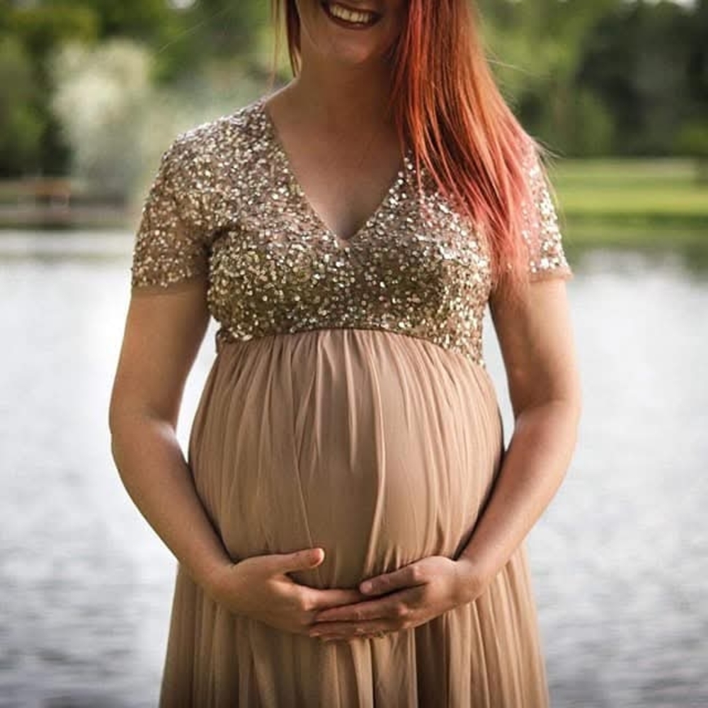 ASOS Maternity Sequin Top Maxi Dress in Gold and Tan - Picture 2 of 11